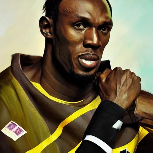 Image similar to a professionally painted portrait of Usain Bolt, clothed in military armor, intricate, elegant, digital painting, trending on Artstation, concept art, smooth, sharp focus, illustration, from Metal Gear by Ruan Jia and Mandy Jurgens and Artgerm and William-Adolphe Bouguerea, award winning