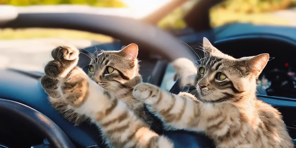 Image similar to side view of convertible, cat sitting relaxed in the driver seat with front paws on steering wheel, eyes closed, enjoying the sun, golden hour