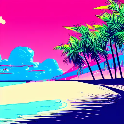 Prompt: synthwave white sand beach with palm trees, day, beautiful, aesthetic, illustration, trending on artstation