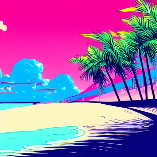 Image similar to synthwave white sand beach with palm trees, day, beautiful, aesthetic, illustration, trending on artstation