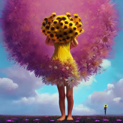 Prompt: head made of giant daisies, girl standing barefoot in a vast flower field, arms down, surreal photography, sunrise dramatic light, impressionist painting, colorful clouds, large sky, digital painting, artstation, simon stalenhag, flower face