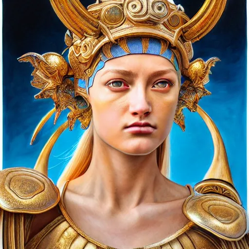 Image similar to hyperrealistic mixed media painting of beautiful goddess Athena, stunning 3d render inspired art by P. Craig Russell and Barry Windsor-Smith, perfect facial symmetry, dim volumetric lighting, full full full full face face face face face 8k octane beautifully detailed render, headpiece headpiece headpiece, post-processing, portrait, extremely hyper-detailed, intricate, epic composition, brown brown brown eyes eyes eyes eyes, realistic realistic realistic eyes, cinematic lighting, masterpiece, trending on artstation, detailed detailed detailed, masterpiece, stunning