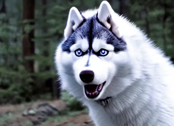 Image similar to film still of an anthropomorphic husky in a white vest in the new sci - fi movie, 8 k