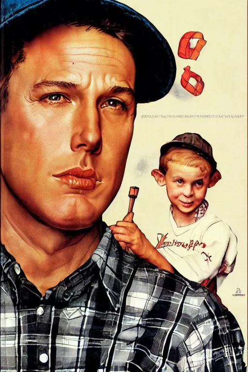 Image similar to san ben affleck wearing checkered shirt and white cap, poster, by norman rockwell