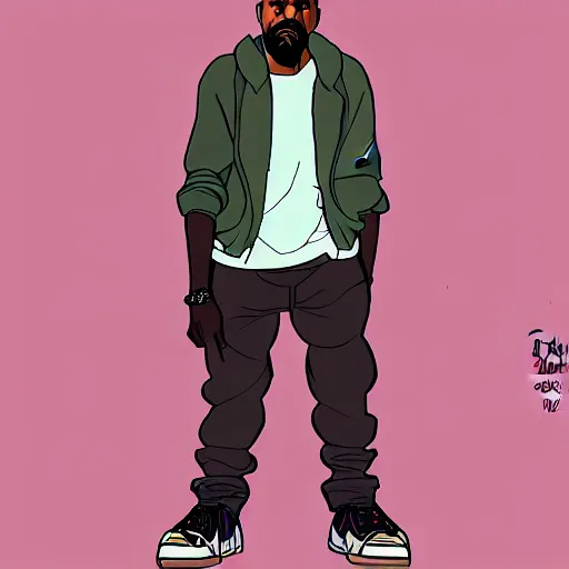 Image similar to a full body drawing of Kanye West in the style of Hideaki Anno, animation, concept art