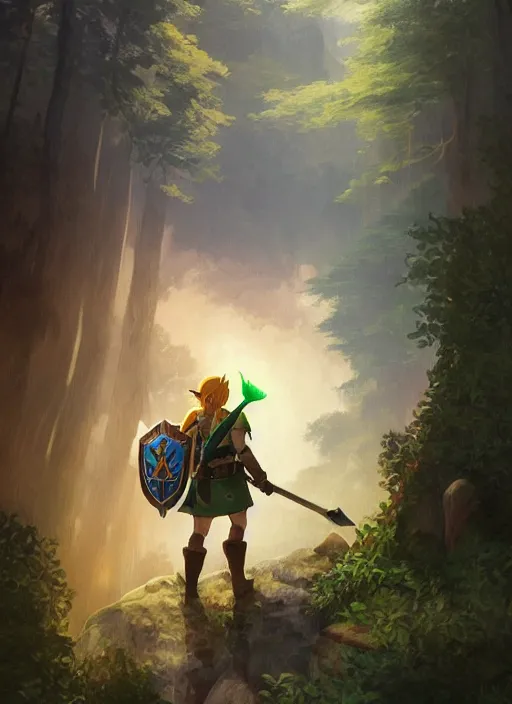 Prompt: link legend of zelda with shield on his back standing at a forest looking for adventure in the mountains, tall trees, landscape is lush, moody sunset in background, greg rutkowski, alphonse mucha, trending on artstation, artgerm, unreal engine, breathtaking, award winning, highly detailed