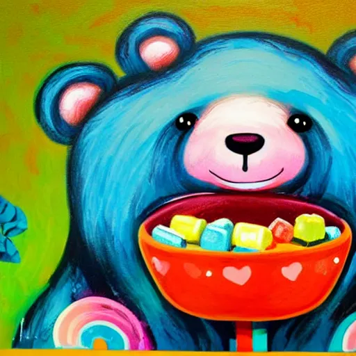 Image similar to a jeremiah ketner acrylic impasto!! illustration of an adorable and cute bear eating candy