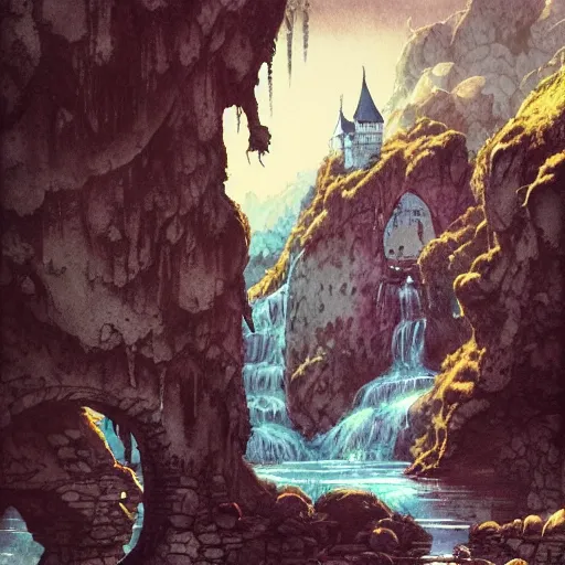 Prompt: Ink and watercolor masterpiece depicting Idyllic fantasy landscape, waterfalls, castle, willows, mystical, magical, Edmund Dulac and Andreas Rocha, Hyperdetailed, stylized, Artstation