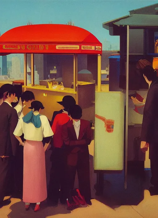 Prompt: crowd around ice cream cart in Tokyo Edward Hopper and James Gilleard, Zdzislaw Beksinski highly detailed