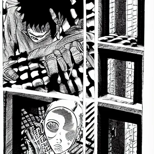 Image similar to close-up scene neighbor drilling grid holes in a room, manga, black and white manga horror in style of junji ito, kentaro miura