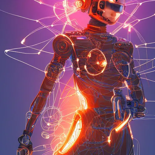 Prompt: a beautiful fighting body of a bot fighter pilot woman mostly made of wires and electronic circuits led luminous, an ultrafine detailed illustration by james jean, final fantasy, intricate linework, bright colors, behance contest winner, vanitas, angular, altermodern, unreal engine 5 highly rendered, global illumination, radiant light, detailed and intricate environment