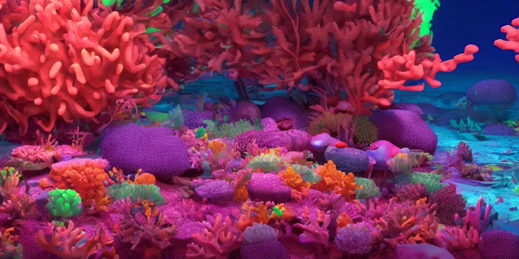 Prompt: majestic neon glowing coral reef by fabian jimenez and Jonathan solter, hyper realism, octane render