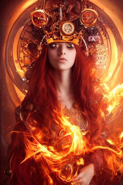 Image similar to a beautiful image of a young woman, steampunk Chandra queen of fire, big googles over her head, long flowing hair flowing with fire, steampunk costume mostly red and gold young female face, cinematic top lighting, insanely detailed and intricate, face by wlop, Charlie Bowater, golden ratio, symmetric, elegant, ornate, luxury, elite, matte painting, cinematic, trending on artstation, deviantart and cgsociety, 8k, high resolution