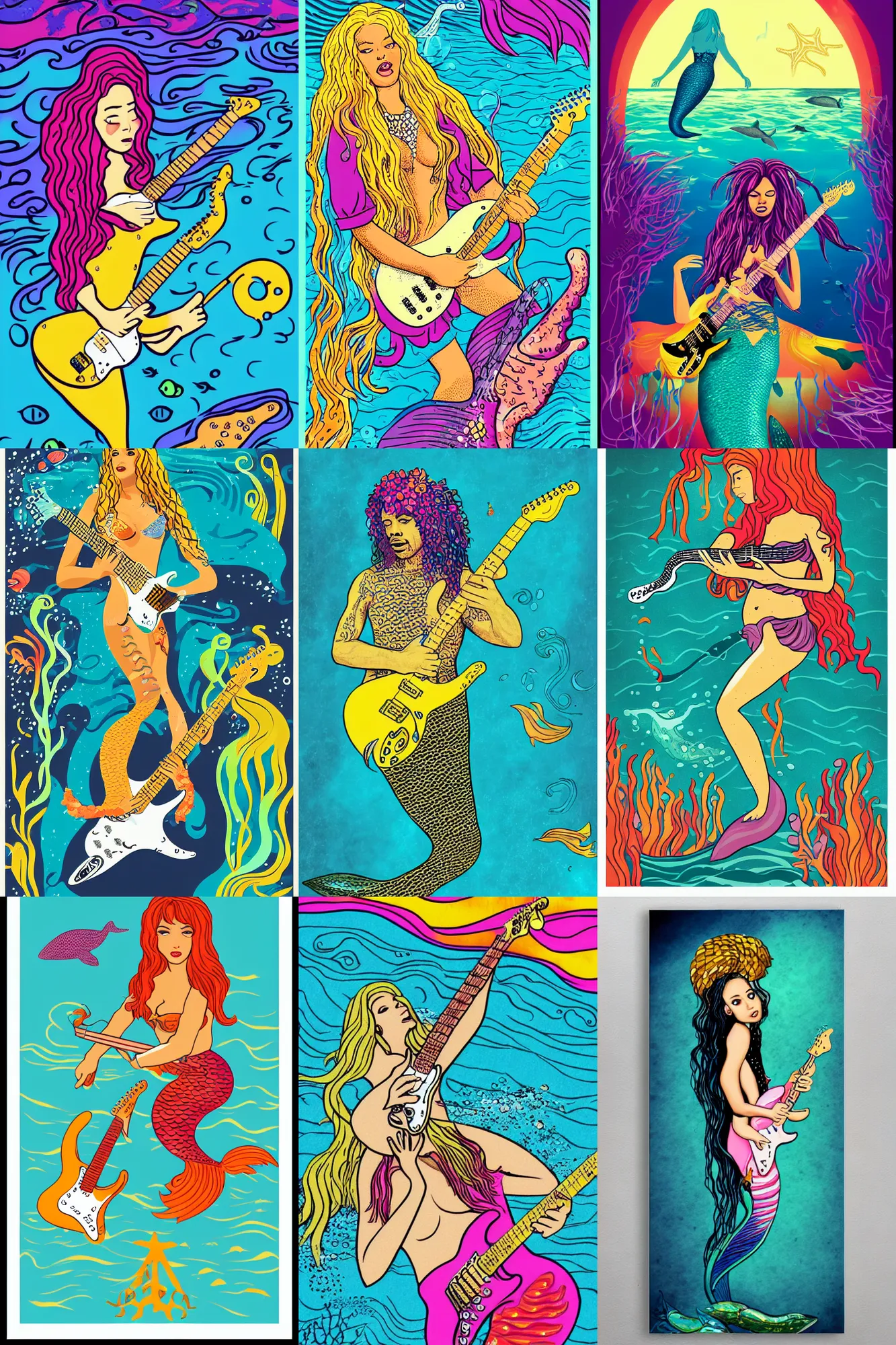 Image similar to illustration of a mermaid playing an stratocaster electric guitar, under the sea, jimi hendrix style poster