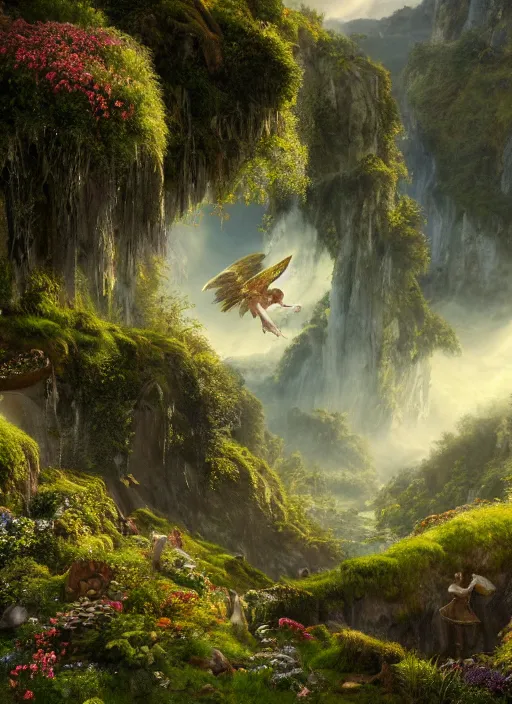 Image similar to an elegant winged fairy flying in the lord of the rings scenery landscape, looking out at a vast lush valley flowers and homes made of mushrooms, stream, sunrise, god's rays highly detailed, vivid color, cinematic lighting, perfect composition, 8 k, gustave dore, derek zabrocki, greg rutkowski, belsinski, octane render