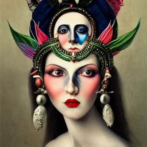 Image similar to Detailed maximalist stunning portrait of gorgeous dark elf with beautiful piercing eyes dressed in a jester’s hat with a monocle, HD mixed media, 3D collage, highly detailed and intricate, masterpiece, award-winning, surreal illustration in the style of Caravaggio, dark art, baroque