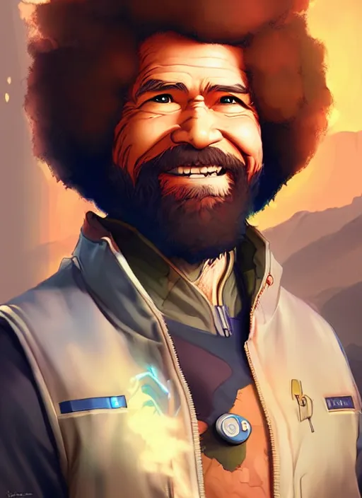 Image similar to Bob Ross in apex legends as an anime character digital illustration portrait design by Ross Tran, artgerm detailed, soft lighting