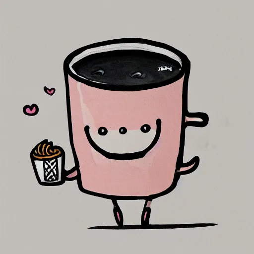 Prompt: a hand drawn cute illustration of a living box of KD holding a cup of coffee