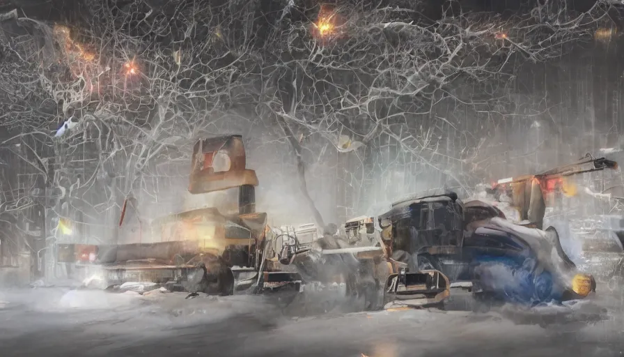 Prompt: Heavy Snow falls on a Snowplow parked in a winter landscape, a blizzard and thick snow, mist and fog, concept art, highly detailed