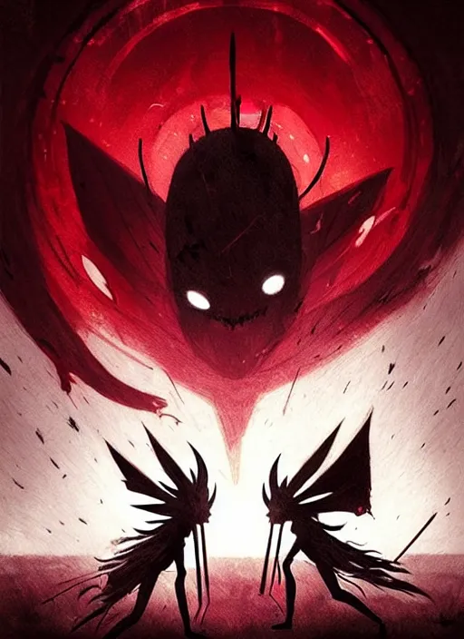 Prompt: horror art, two woman hollow knight in the middle fighting with a nail, red peaks with arms in the background, art by greg rutkowski