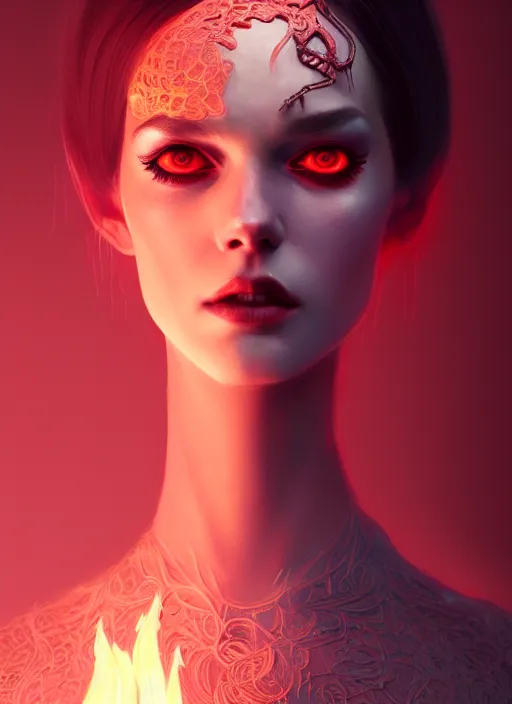 Image similar to satan daughter, outfit, wearing, full body, pyromancer, intricate, elegant, highly detailed, digital painting, artstation, concept art, smooth, sharp focus, illustration, ethereal, misty, cleary see face, by ilya kuvshinov and jeremy mann, 8 k, octane render