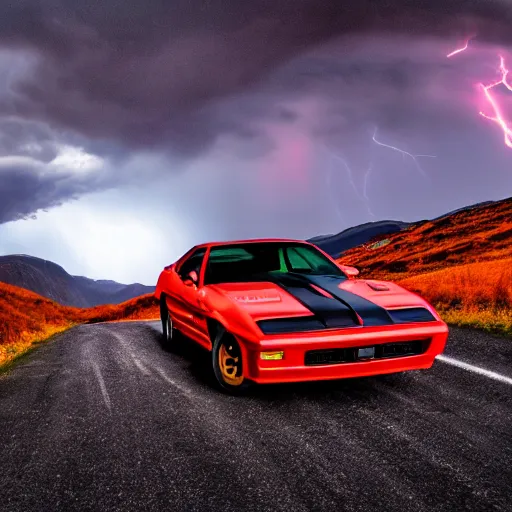 Image similar to nightmarish creatures rushing towards car, black pontiac firebird trans - am driving towards the camera, norway mountains, red glow in sky, valley, large lake, dynamic, cinematic, motionblur, volumetric lighting, wide shot, low angle, large lightning storm, thunder storm