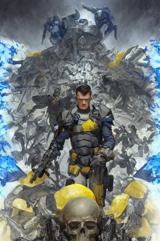 Image similar to A modern super soldier with a blue and yellow flag behind him is standing on a pile of skulls, handsome, fantasy, intricate, pile of skulls under his feet, elegant, highly detailed, digital painting, artstation, concept art, smooth, sharp focus, illustration, art by artgerm and greg rutkowski and alphonse mucha