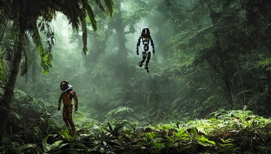 Prompt: an alien astronaut in the amazon forest, plants environment, wide angle, cinematic lighting, atmospheric, realistic, octane render, highly detailed, in the style of craig mullins