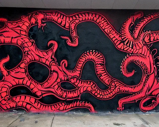 Image similar to a wall that has some lovecraftian graffiti on it inspired by wretched dragon rib cage. red and black colors. the art is horrific.