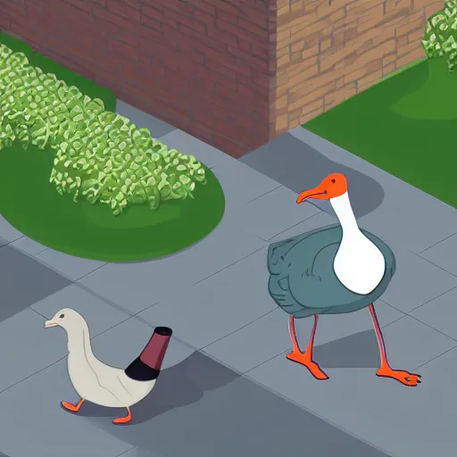 Prompt: cartoon of a goose walking with big feet, isometric