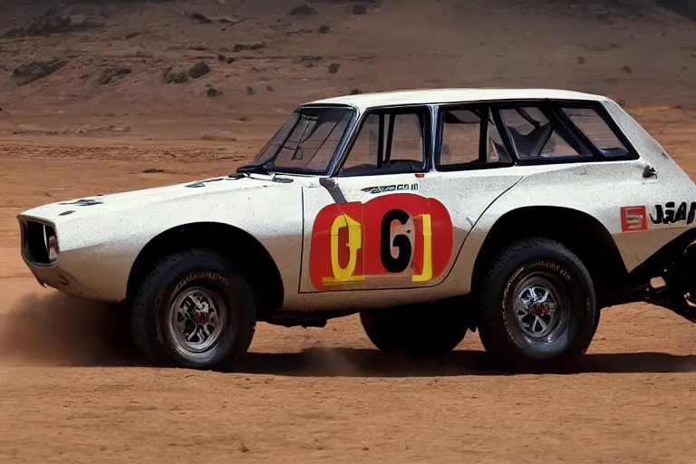 Prompt: designed by giorgetto giugiaro of a single 1 9 6 7 dakar rally pajero gto, race footage, speed, movie still from bladerunner 2 0 4 9