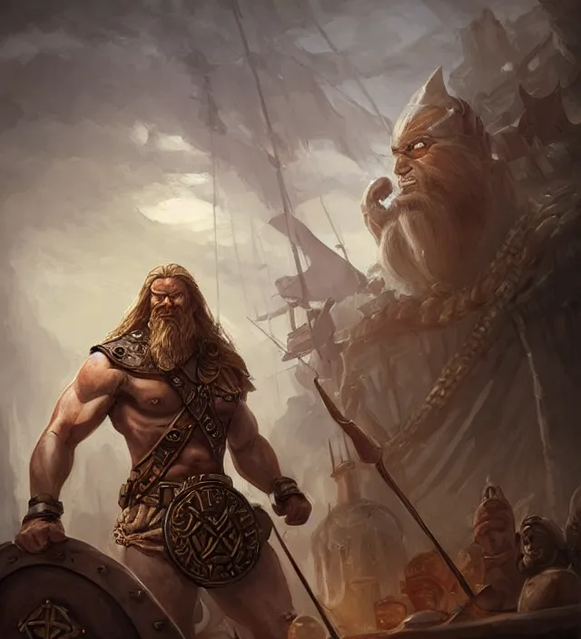 Image similar to muscular viking on ship deck, dnd character art portrait, matte fantasy painting, deviantart artstation, by jason felix by steve argyle by tyler jacobson by peter mohrbacher, cinema