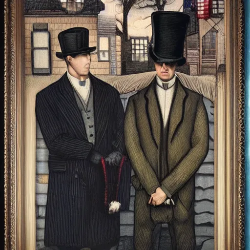 Image similar to American Gothics by Grant Wood but with Sherlock Holmes and Watson instead of the usual characters