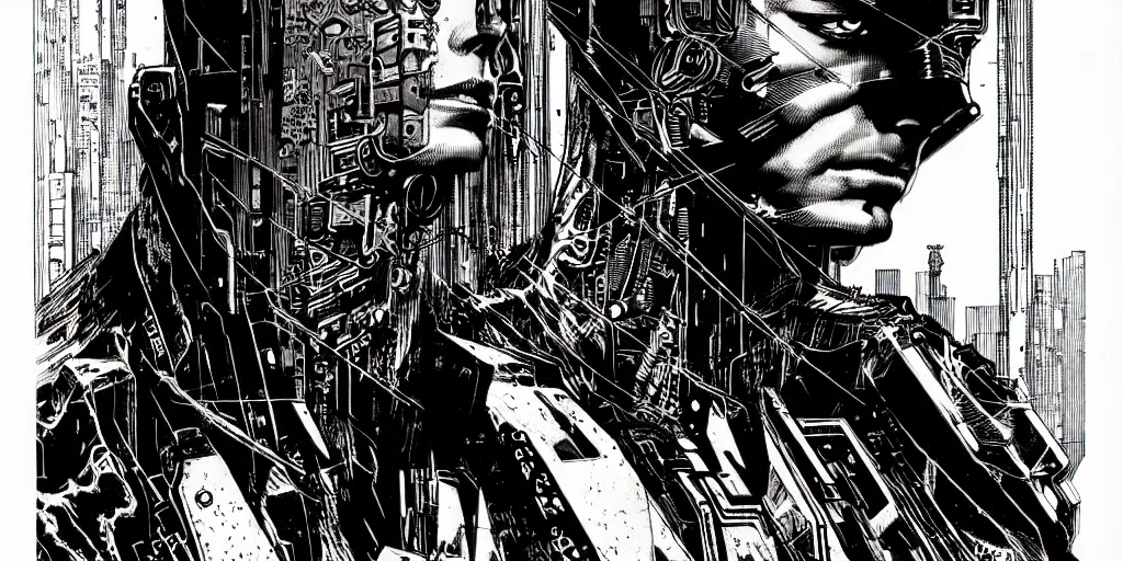 Image similar to cyberpunk portrait, bold line art, by bernie wrightson, etching, screen print, sharp, hyper - detailed