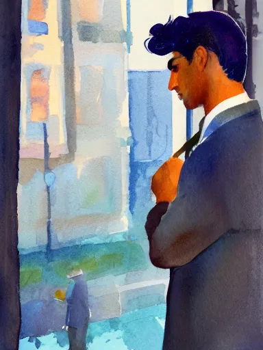 Image similar to water color painting, artwork by saul leiter, of a solo individual portrait of an indian guy with lilies, dapper, simple illustration, domestic, nostalgic, full of details, matte painting, trending on artstation and unreal engine