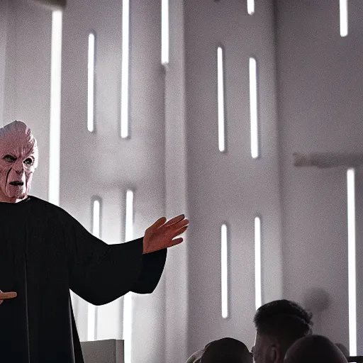 Image similar to emperor palpatine preaching to people at church, 8k cinematic lighting, very sharp detail, anatomically correct