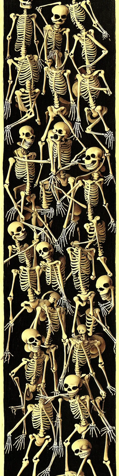 Image similar to skeletons dancing, hieronymus bosch, victor moscoso