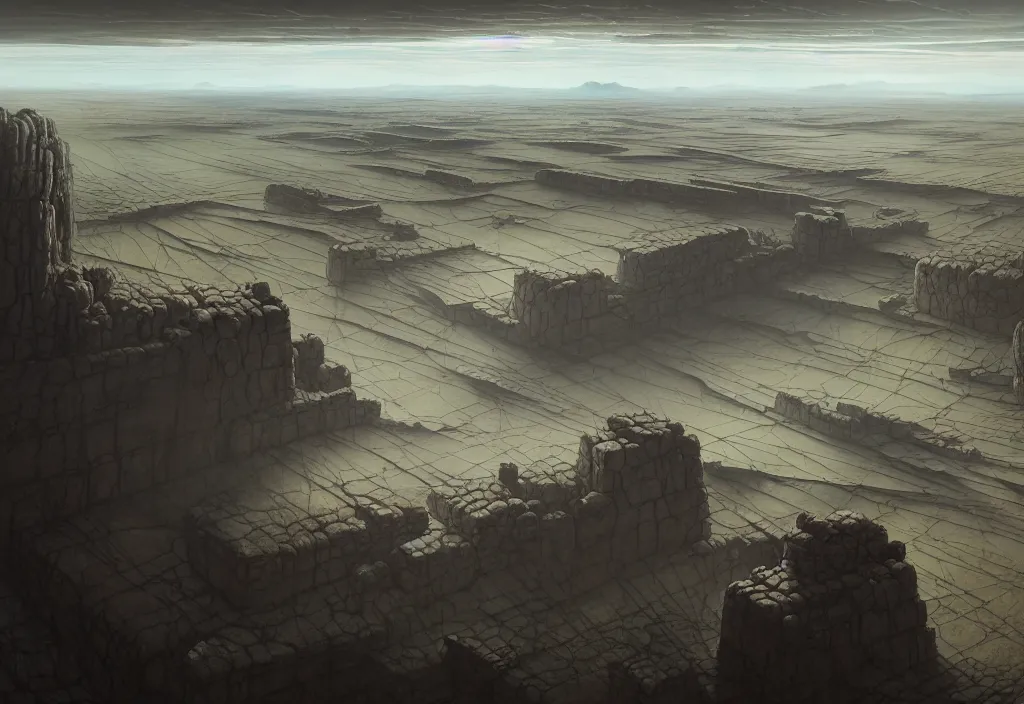 Image similar to The landscape of a flat wasteland with gray dry land, enclosed in incredibly gigantic enormous smoothed stone walls. The walls are so far apart that they disappear over the horizon. Art by Finnian MacManus, Simon Stalenhag, Arthur Rackham. Masterpiece, fantasy art, cinematic, hyperdetailed, photorealistic, hyperrealism, octane rendering, 8k, aerial view