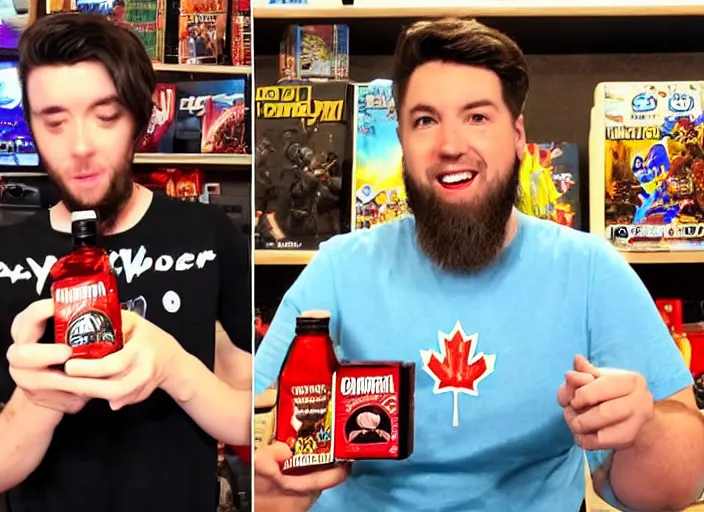 Prompt: retro video game youtuber in front of retro video games with a bottle of canadian maple syrup, eska water bottle, plate of poutine