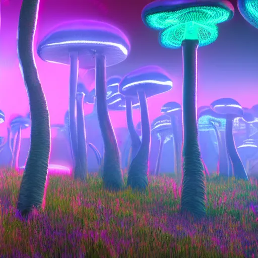 Image similar to A realistic strange neon lanscape, realistic, 4k resolution, detailled, realistic shaders, neon mushrooms, mushrooms particles, painting, forests, strange neon plants, realistic, detailled.