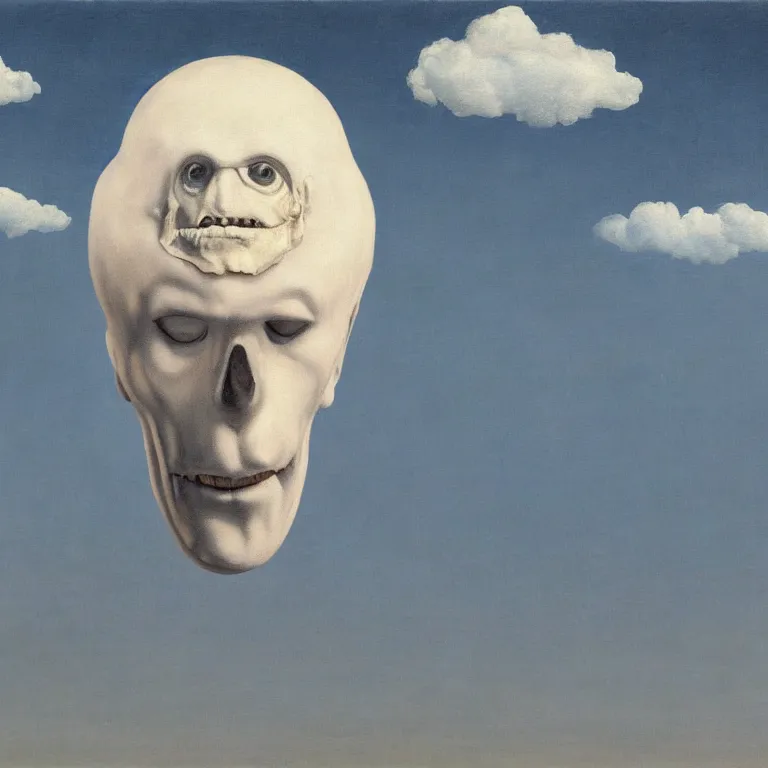 Image similar to portrait of a scary creepy ghost death, clouds in the background, by rene magritte, detailed painting, distance, middle centered, hd, hq, high resolution, high detail, 4 k, 8 k