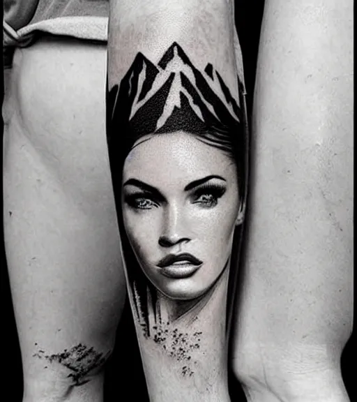 Image similar to double exposure effect tattoo design sketch of megan fox with beautiful mountain scenery, realism tattoo, in the style of matteo pasqualin, amazing detail, sharp