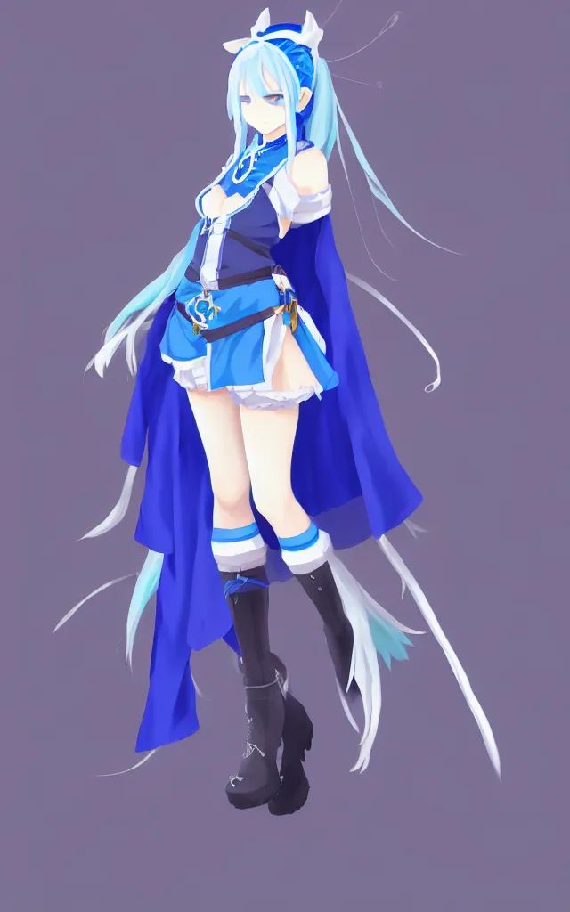 Prompt: a blue-haired alchemist girl, wearing a headband, short pale tunic and white stockings, high boots, azure cape, anime character; in the Japanese fantasy videogame; character concept art; trending on artstation, highly detailed, clean lineart