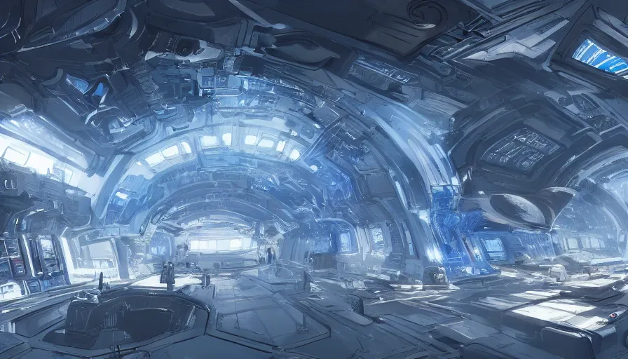 Prompt: Interior of a huge and bright blue and silver space base, hyperdetailed, artstation, cgsociety, 8k