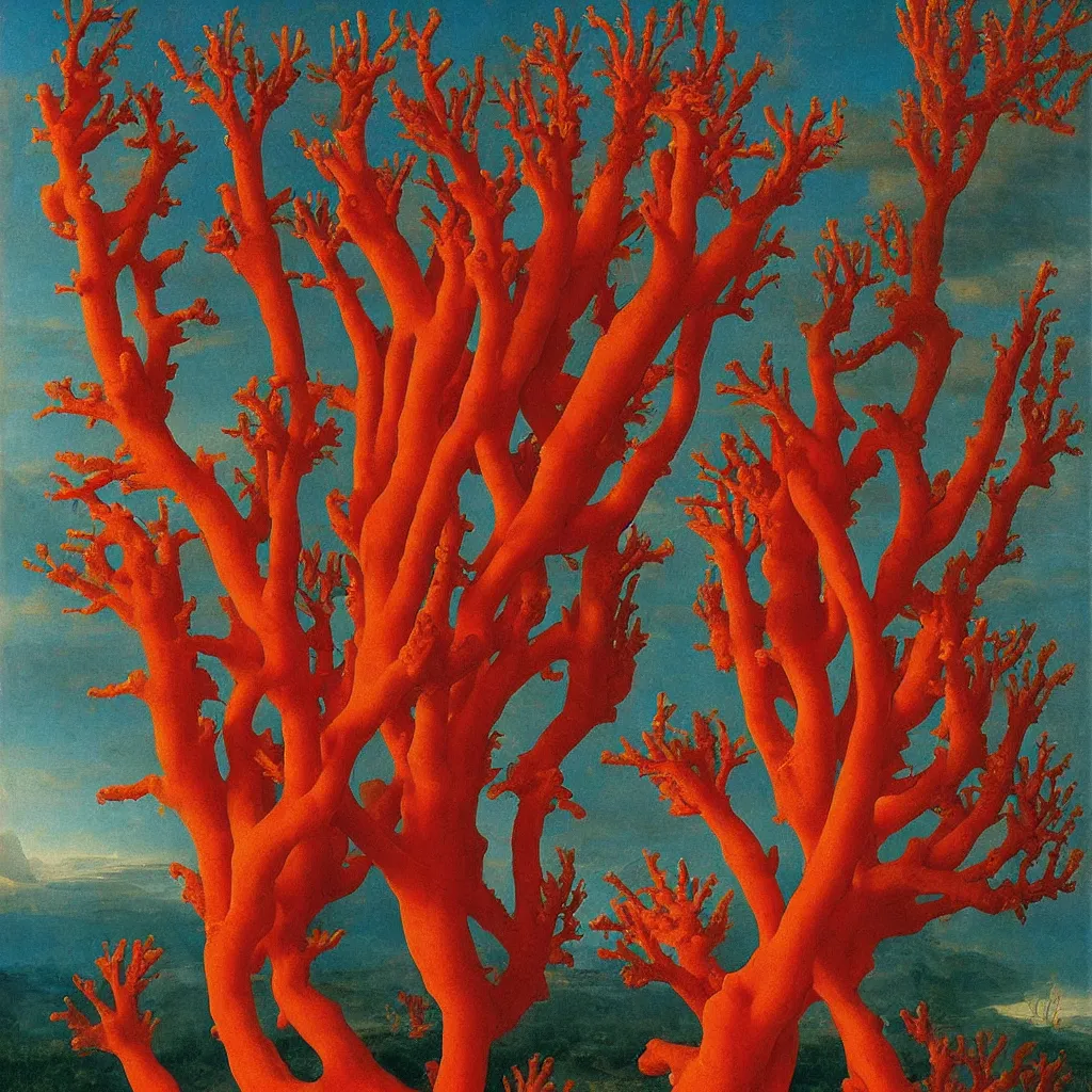 Image similar to a single! colorful! ( coral ) fungus tower clear empty sky, a high contrast!! ultradetailed photorealistic painting by jan van eyck, audubon, rene magritte, agnes pelton, max ernst, walton ford, andreas achenbach, ernst haeckel, hard lighting, masterpiece