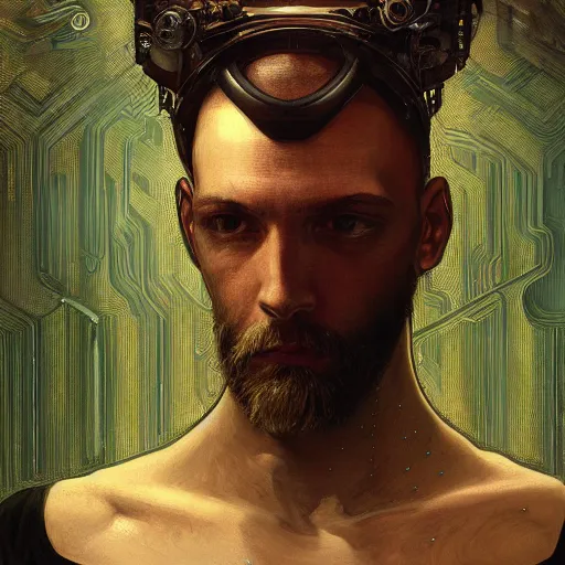 Prompt: portrait of bearded android, coy, circuitry visible in head, in the style of ex machina, karol bak, alphonse mucha, greg rutkowski, award winning, hr giger, artstation