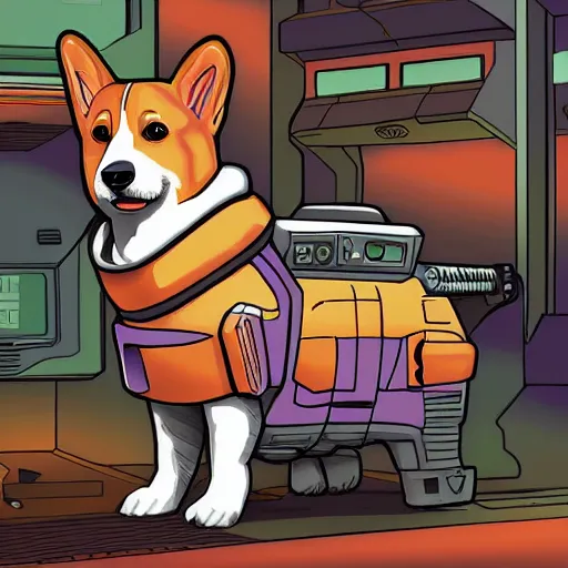 Prompt: a corgi android in space, cyberpunk, detailed digital illustration