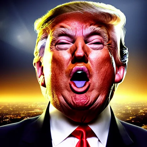 Image similar to donald trump screams so loudly that his head explodes, realistic, hdr, clear image, thunderstorm in donald trump's office, 8 k, super real event,