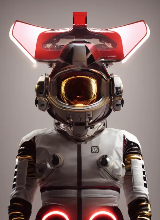 Prompt: a Photorealistic dramatic hyperrealistic render of a futuristic exospacesuit,Ultra realistic details,reflective gold color visor,glossy white with red stripes by Vitaly Bulgarov and Mike Nash,Beautiful dramatic dark moody tones and lighting,cinematic atmosphere,studio lighting,shadows,dark background, Octane render,8K