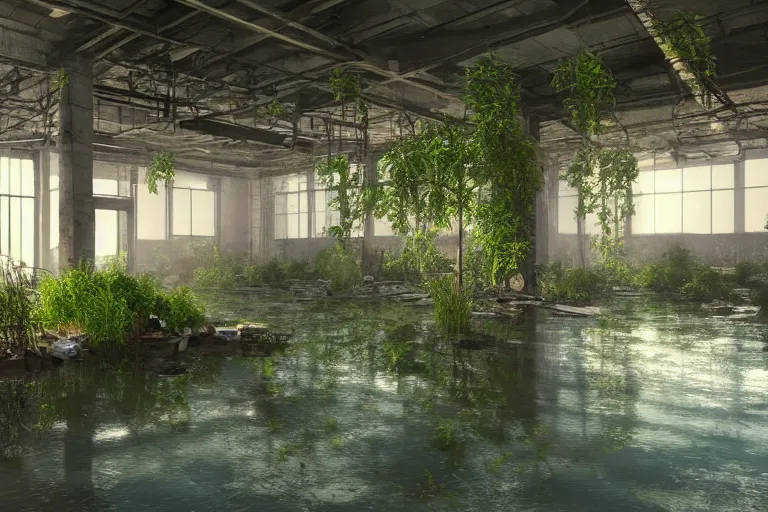 Image similar to A huge interior of a ruined office, flooded with water, lush and aquatic plants covering the place, digital art, trending on Artstation